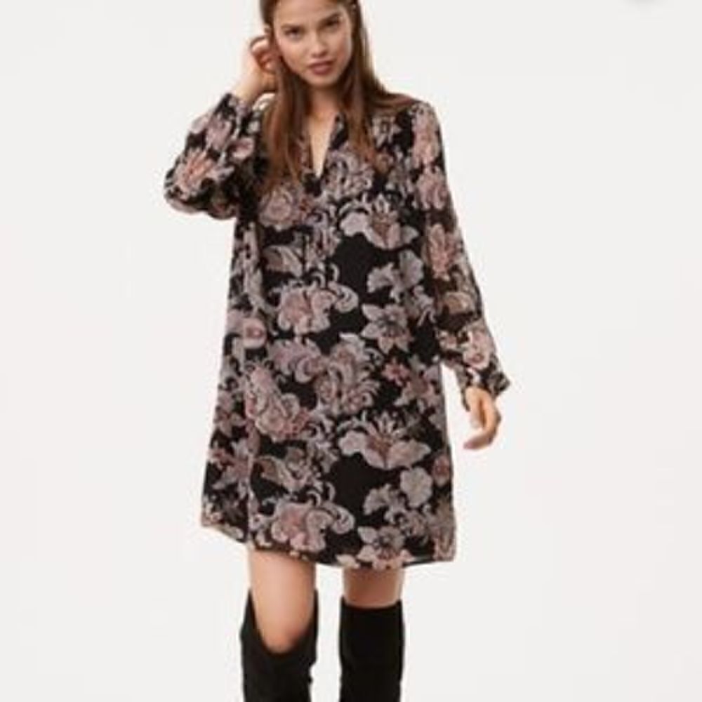Pastel goth floral chiffon loft mini shift neck tie black dress small